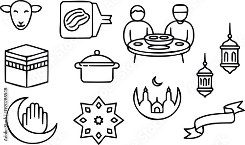 Islamic eid al adha and ramadan kareem line icon set containing religious symbols and cultural holiday elements