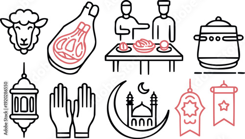 Outline icons for Islamic holidays Ramadan Eid celebration and Muslim faith elements