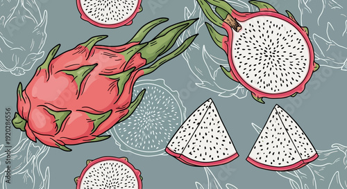 Vibrant dragon fruits and slices arranged on a grey background with subtle leaf patterns, seen from directly above