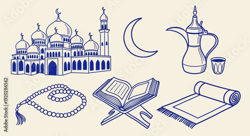 Islamic symbols and artifacts illustration showcasing mosque, crescent, prayer items, and sacred texts in a serene and reverent composition from a straightforward viewpoint