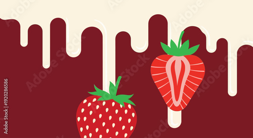 Strawberry graphic illustration with ripe and sliced fruit against a maroon background with dripping cream