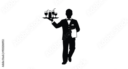A silhouette of a waiter carrying a tray of glasses