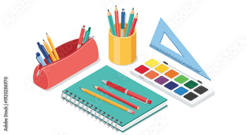 Assorted art supplies including pencils, paints, and notebooks arranged on a flat surface from a top-down viewpoint