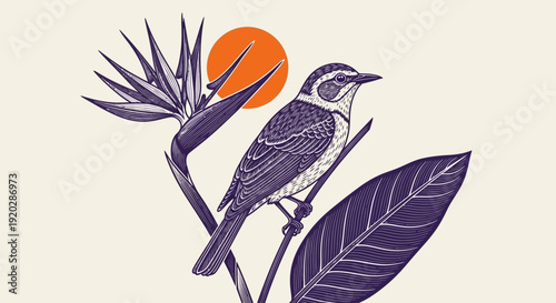 A bird perched on a plant branch with leaves and flowers, viewed from the side