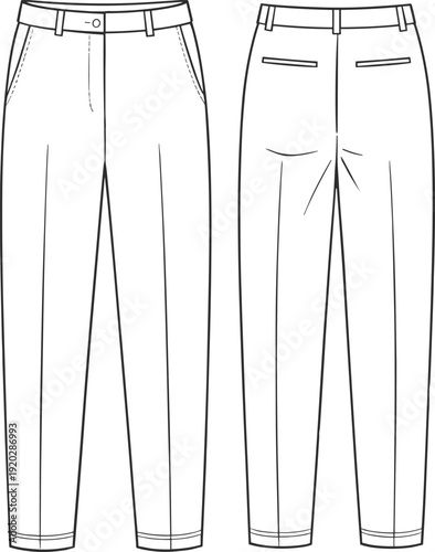 Classic Straight Leg Trousers Technical Flat Sketch Front and Back View Fashion Apparel Line Drawing Template DesignClassic Straight Leg Trousers Technical Flat Sketch Front 