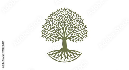 A serene illustration of a tree with visible roots and lush foliage