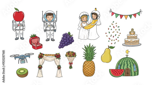 Whimsical Assemblage: A collection of quirky illustrations, featuring astronauts, fruits, and wedding elements, designed with vibrant colors and playful artistry.