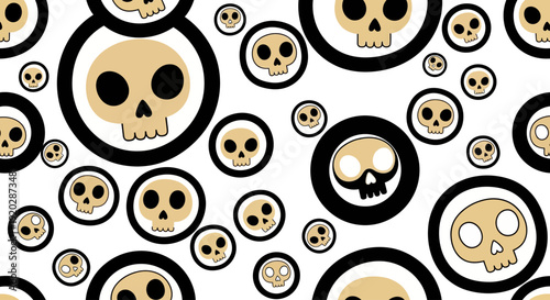 Collection of various skull illustrations in different sizes surrounded by circular frames on a seamless pattern