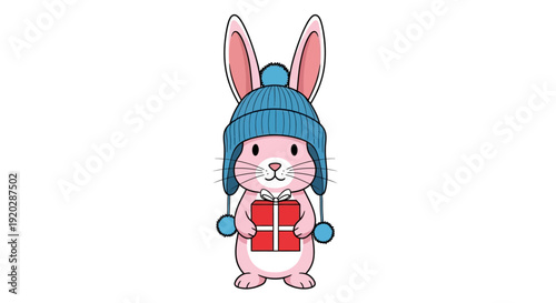 A cartoon rabbit wearing a blue winter hat holding a gift in its hands standing on a plain background from a front viewpoint