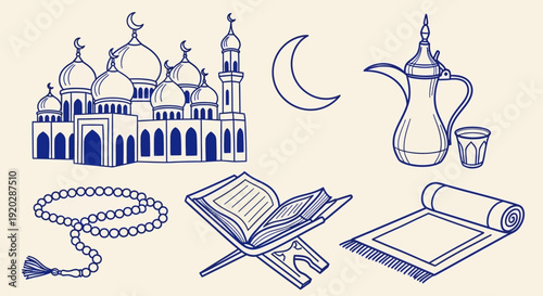 Illustration of Islamic symbols and artifacts including mosque, prayer beads, and sacred texts in a serene setting