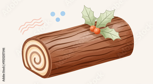 A festive log adorned with holly and berries, depicted in a stylized illustration on a clean white background from a slightly angled viewpoint