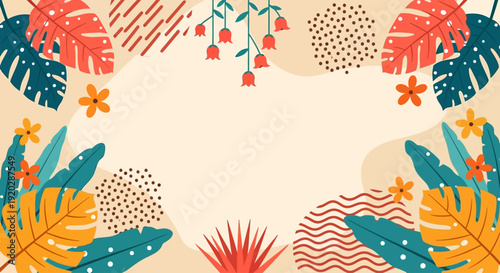 Vibrant floral wreath with tropical leaves and decorative patterns on a light background from a direct viewpoint