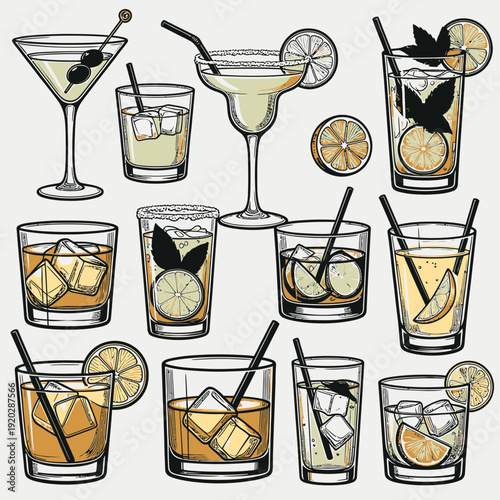 Hand Drawn Cocktail Collection Vector Illustration – Classic Alcoholic Drinks Set