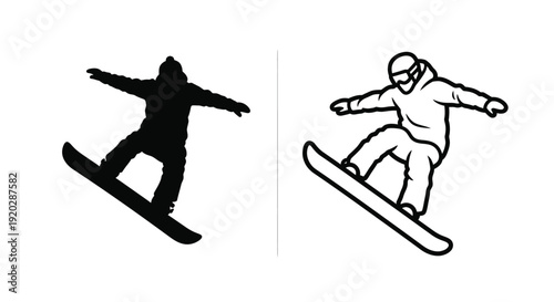 Snowboarding illustration a silhouette and a detailed line drawing