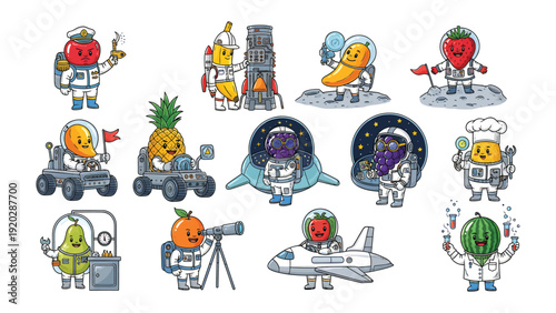 Cosmic Fruit Explorers: A playful illustration showcasing whimsical fruits, each adorned in astronaut attire, embarking on imaginative cosmic adventures.