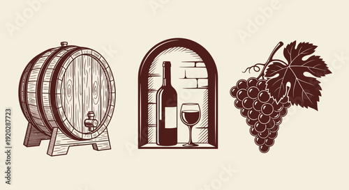 Wine production elements including barrels, bottles, and grapes in a traditional setting.