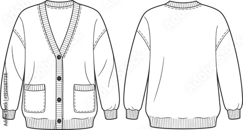 Knitted Button Up Cardigan Sweater Technical Flat Sketch Front and Back View Fashion Apparel Line Drawing Template