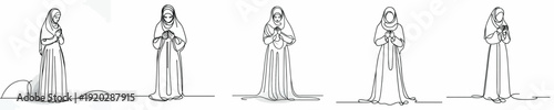 line art of a Muslim woman standing in prayer gesture front view