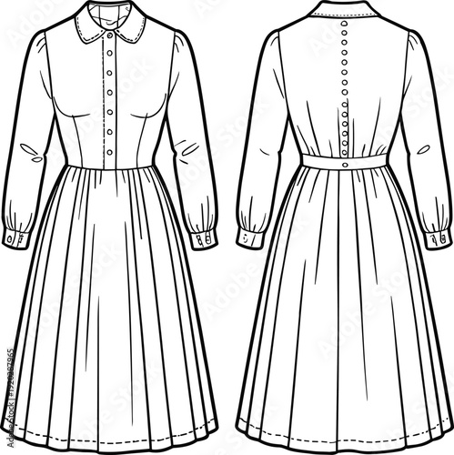 Long Sleeve Button Front Maxi Dress Technical Flat Sketch Front and Back View Fashion Apparel Line Drawing Template