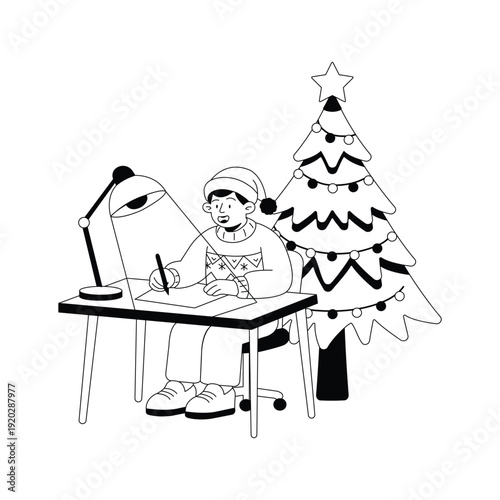 Man working creatively at a desk during Christmas and New Year season.