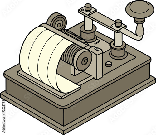 Vintage telegraph machine with paper roll and handle