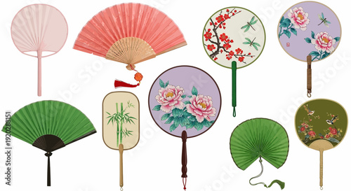 Assorted decorative hand fans with floral and leaf patterns displayed from a direct overhead viewpoint