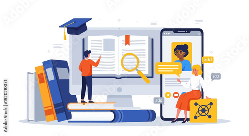 Students using digital devices for online learning and research standing near books