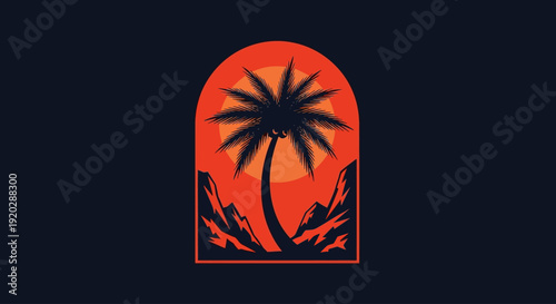 Illustration of a palm tree against a vibrant orange sunset with mountains in the background viewed from a distance