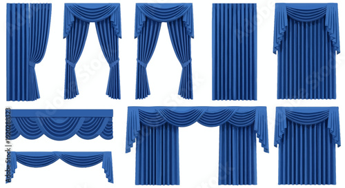 Collection of blue curtains and drapes in various styles and designs displayed together on a white background from a direct viewpoint