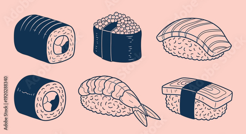 Assorted sushi illustrations featuring maki rolls and nigiri on a minimalist background viewed from directly above