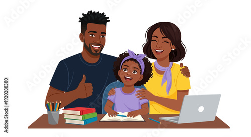 Family of three working together on a project at home with a laptop and stationery on the table