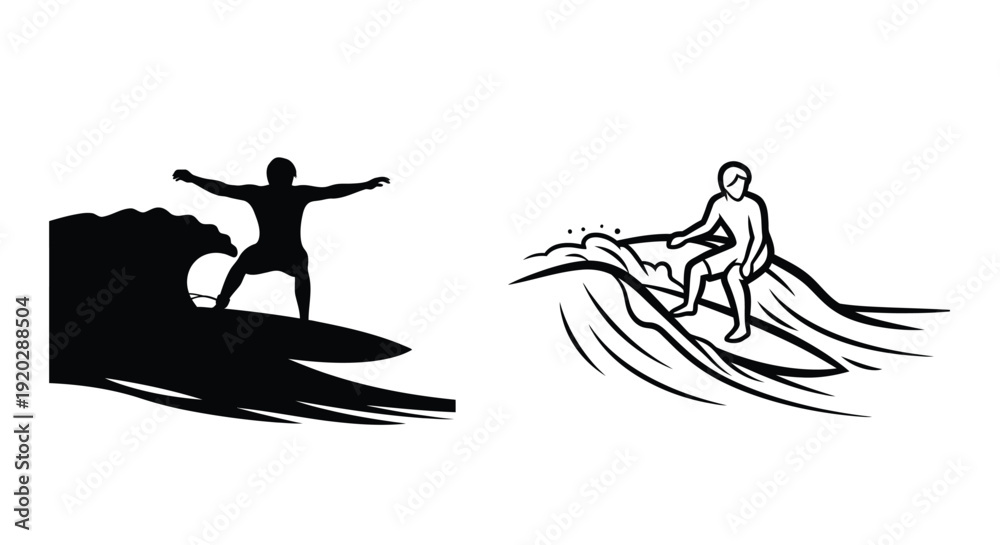 Fototapeta premium Two stylized silhouettes depict surfers riding ocean waves