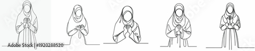half body line art of a Muslim woman prayer gesture front view