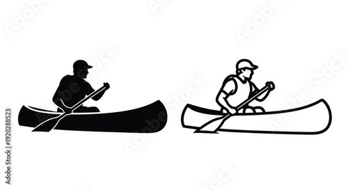 Two depictions of a person canoeing on the water black and white