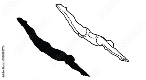 A diver in mid air shown as a silhouette and outline drawing