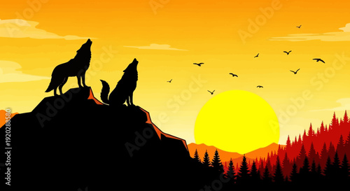 Wolves howling on a rocky outcrop during a vibrant orange and yellow sunset with birds flying in the background