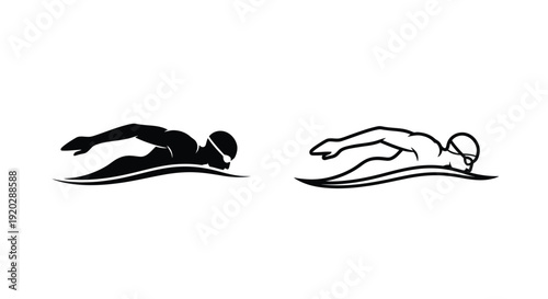 Silhouettes of a swimmer and a dolphin gracefully moving through water