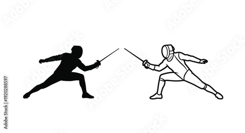 Two fencers in action a dynamic black and white silhouette illustration