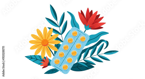 Vibrant floral arrangement with birth control pills, leaves, and flowers in a decorative illustration