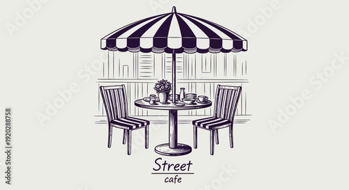 A serene street cafe scene with a striped umbrella, table, and chairs viewed from the front in an urban setting