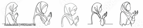 half body line art of a Muslim woman in prayer gesture side view