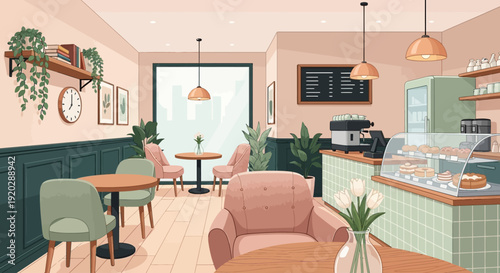 Cozy cafe interior with comfortable seating and lush plants viewed from a relaxed perspective inside a modern environment