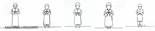 line art of a little Muslim boy standing in prayer gesture front view