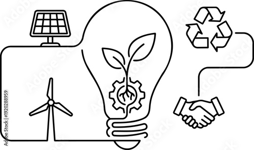 Black and white continuous line art vector illustration of a sustainable green energy and eco-friendly business partnership concept featuring a lightbulb with a plant and gear, solar panel, wind turbi