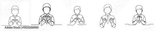 half body line art of a little Muslim boy standing in prayer gesture front view