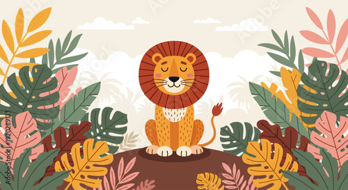 A majestic lion sits regally on a rock surrounded by lush tropical foliage in a serene savannah landscape viewed from a slight elevation