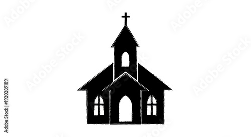 A black silhouette illustration of a church with a cross on top viewed from the front