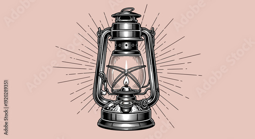 Vintage lantern illustration on a soft pink background with radiating lines conveying a sense of light