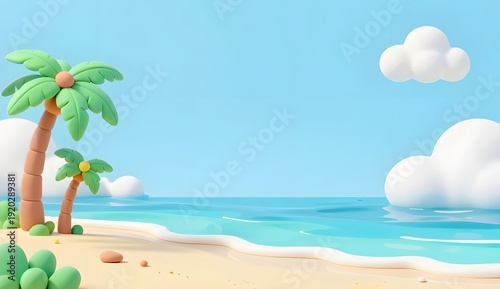 Pastel Beach Paradise with Palm Trees and Soft Clouds