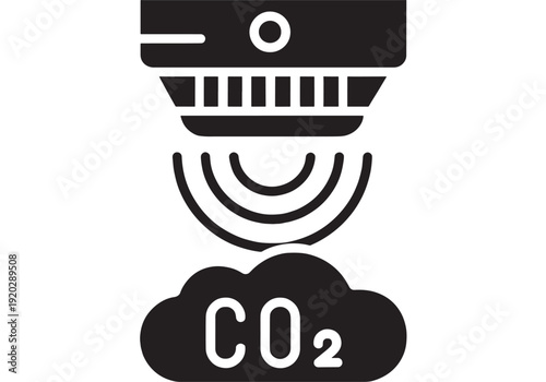 Laser icon emitting beam toward CO2 cloud, carbon dioxide measurement symbol for sensor monitoring, industrial detection, air quality control, and emissions tracking